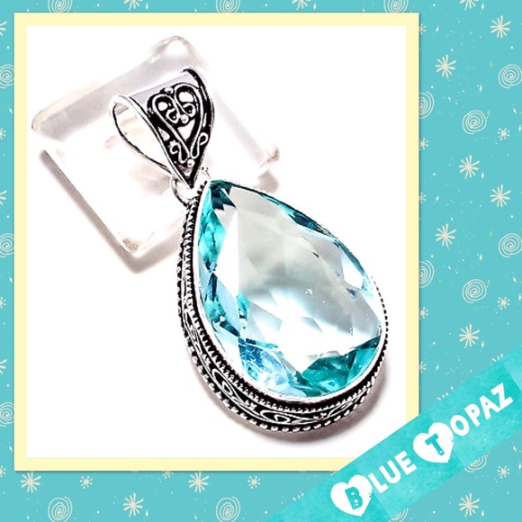 Large Blue Topaz Sterling Silver Ethnic Pendant (Light Blue) - Picture 1 of 1